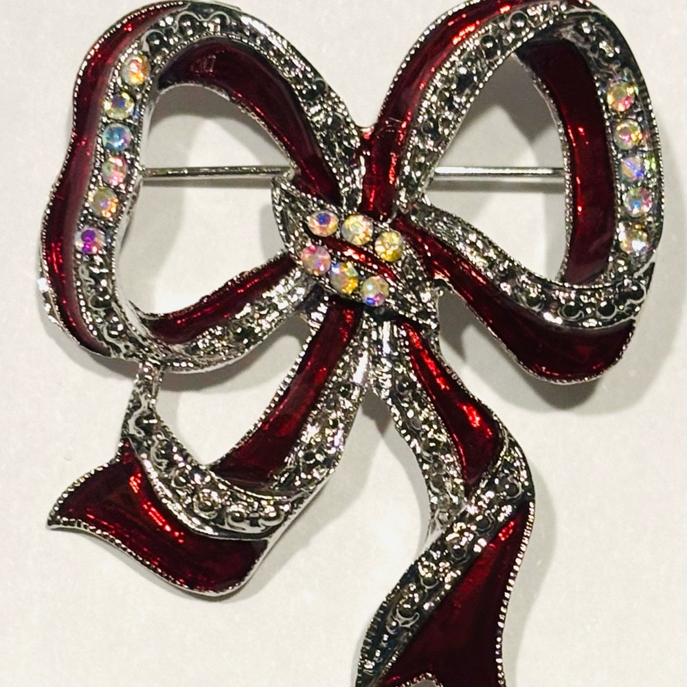 Elegant‎ Red and Silver Bow Brooch